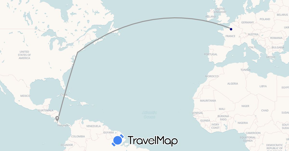 TravelMap itinerary: driving, plane in Costa Rica, France, United States (Europe, North America)